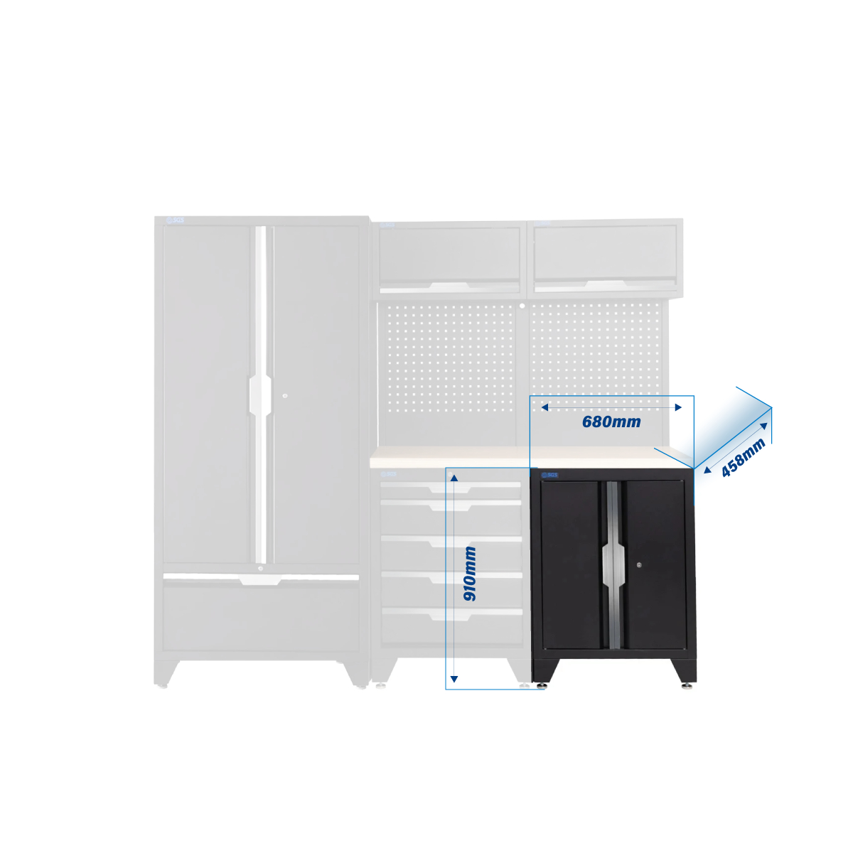 SGS 7pc Modular Garage Storage | 5 Drawers | Plywood Worktop | Tall Double Cabinet with Drawer
